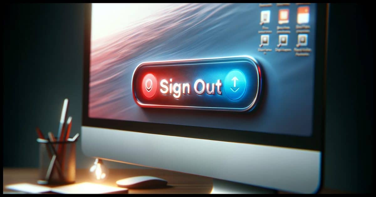 A photorealistic image in a 16:9 format, showcasing a close-up view of a computer screen. The screen prominently displays a large, modern-style "Sign Out" button. This button is designed to stand out with a vibrant color, possibly red or blue, against a soft, blurred background of a typical desktop interface. The background may include faint outlines of icons, folders, and other typical desktop elements, but the focus is clearly on the "Sign Out" button, symbolizing the action of logging off or exiting a digital space.