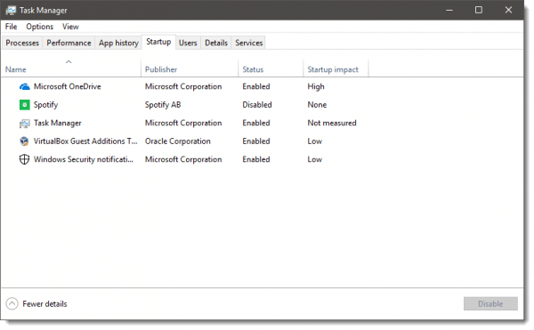 Task Manager's Startup Tab