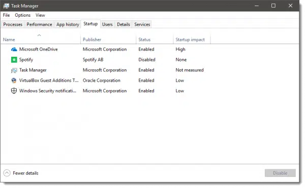 Task Manager's Startup Tab