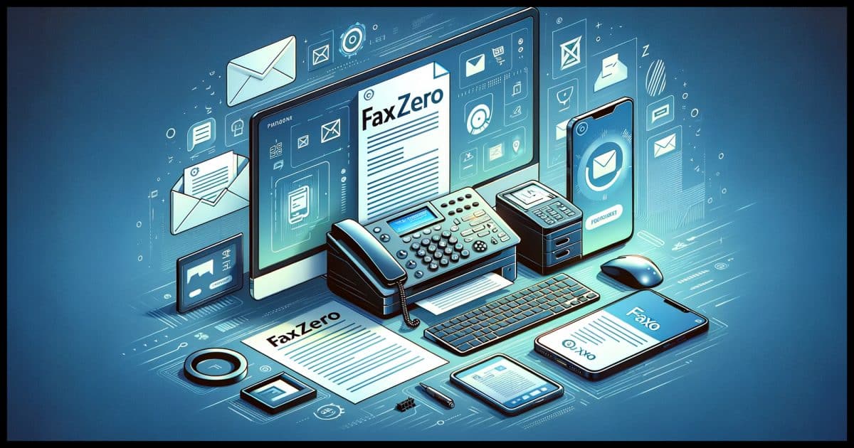 The image should feature a modern computer or laptop with the screen showing the FaxZero interface, symbolizing online fax services. Include elements like a scanned document and a smartphone, representing ways to digitize paper documents for faxing. The background should be tech-oriented, with subtle fax-related symbols, making the image informative and visually appealing for viewers interested in fax solutions without additional hardware.
