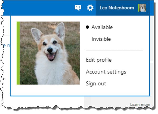 Outlook.com account drop-down menu