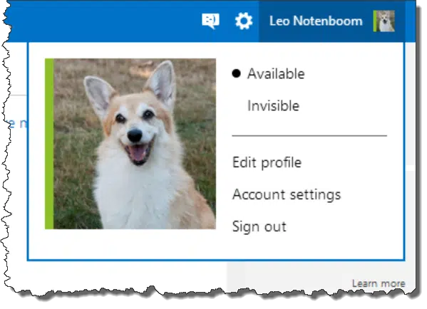 Outlook.com account drop-down menu