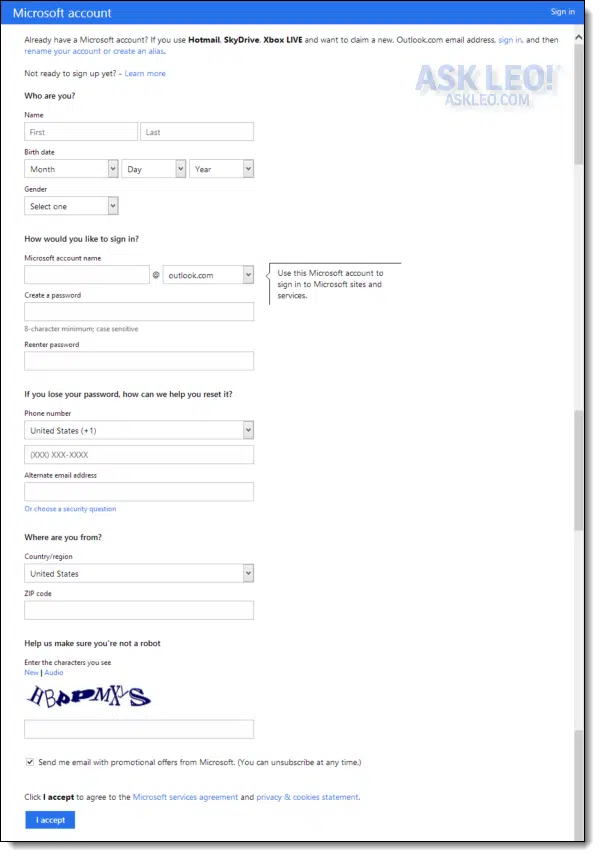 Outlook.com signup form