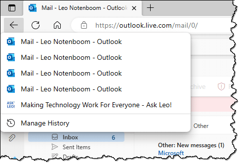 The back-list in Microsoft Edge.