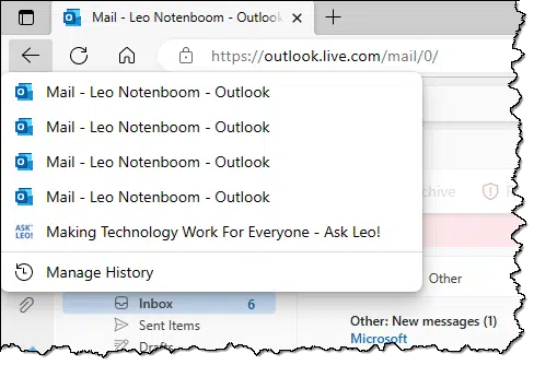 The back-list in Microsoft Edge.
