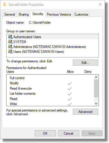 Folder Security Properties
