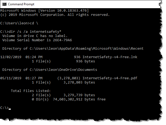 Performing a search in the Windows Command Prompt