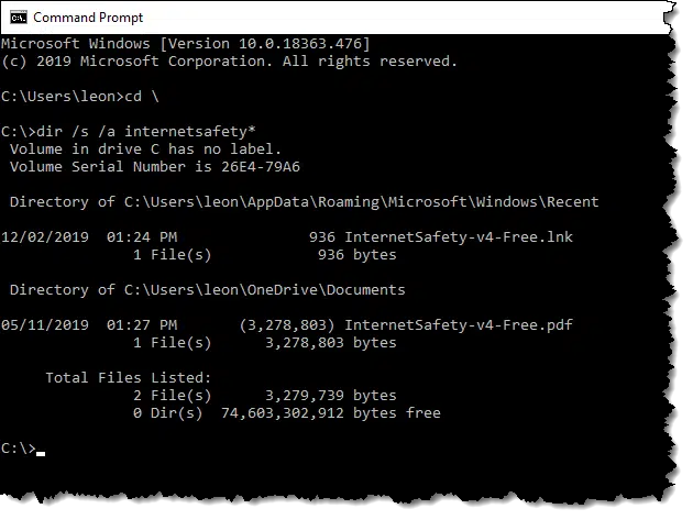 Performing a search in the Windows Command Prompt