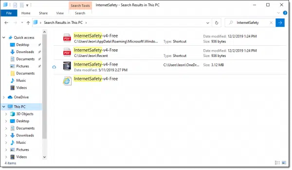 Search results in Windows File Explorer