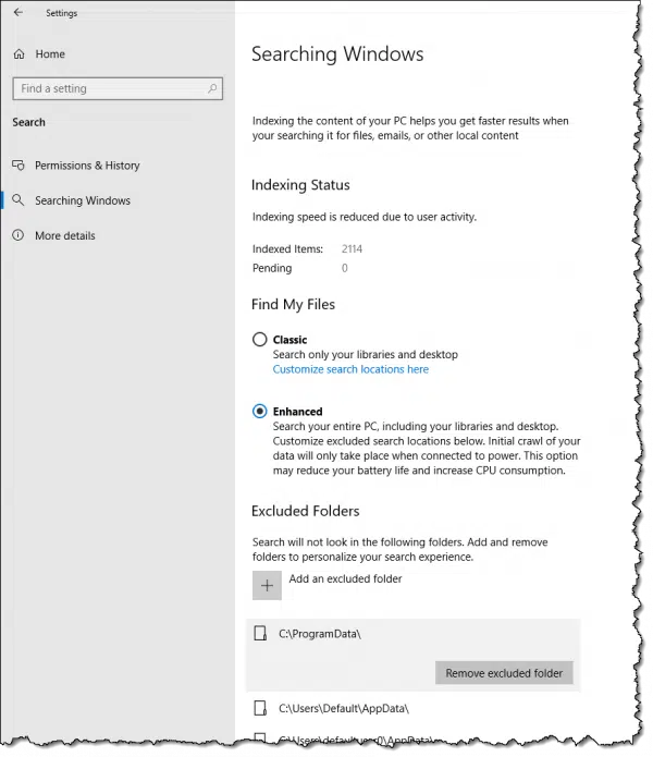 Searching Windows settings