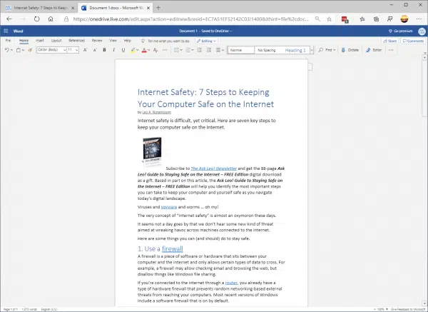 Portions of a web page copy/pasted into Word