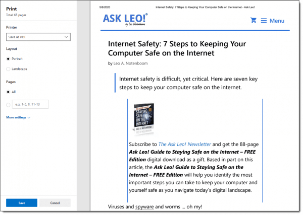 Saving an Ask Leo! article as PDF in Microsoft Edge