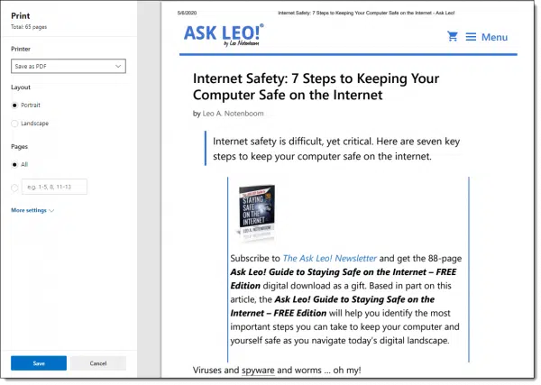 Saving an Ask Leo! article as PDF in Microsoft Edge