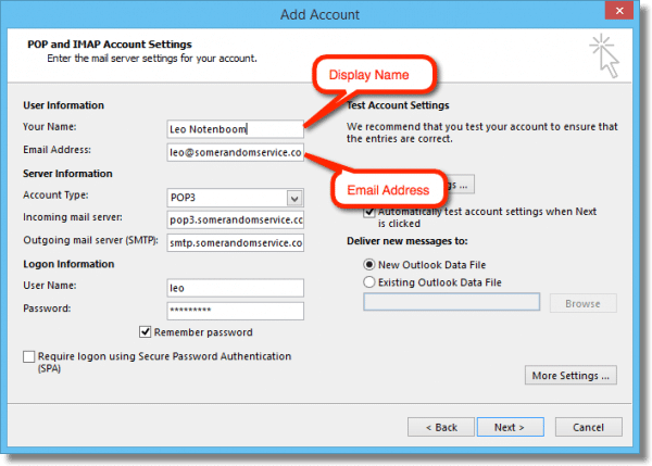 Defining email address and display name