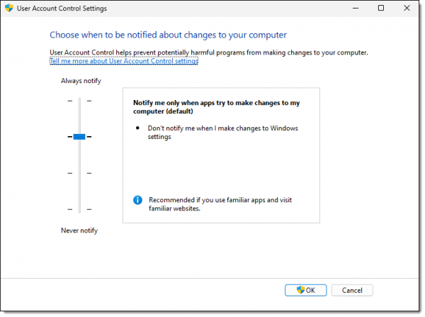 User Account Control Settings dialog.