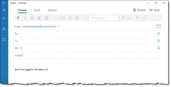 Bcc: field present in the Windows 10 Mail program