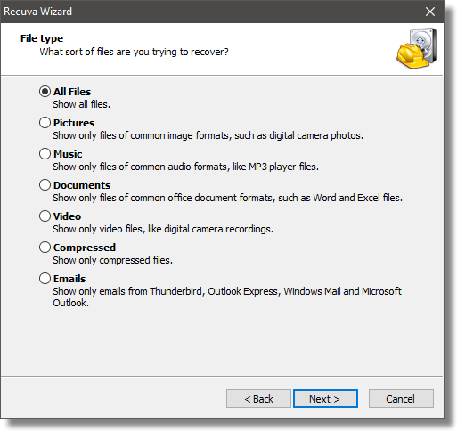 Recuva: File type selection