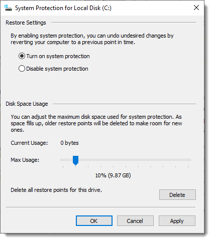 System Protection dialog box for System Restore