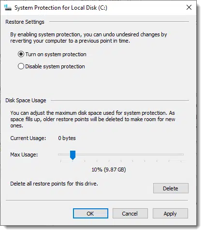 System Protection dialog box for System Restore