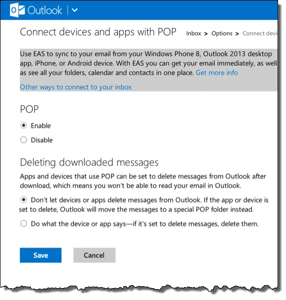 Outlook.com enabling POP