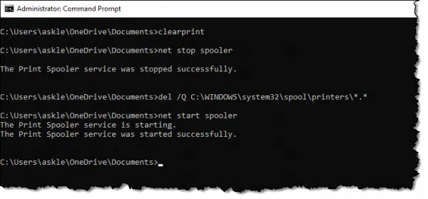 Running the printer queue clearing batch file.