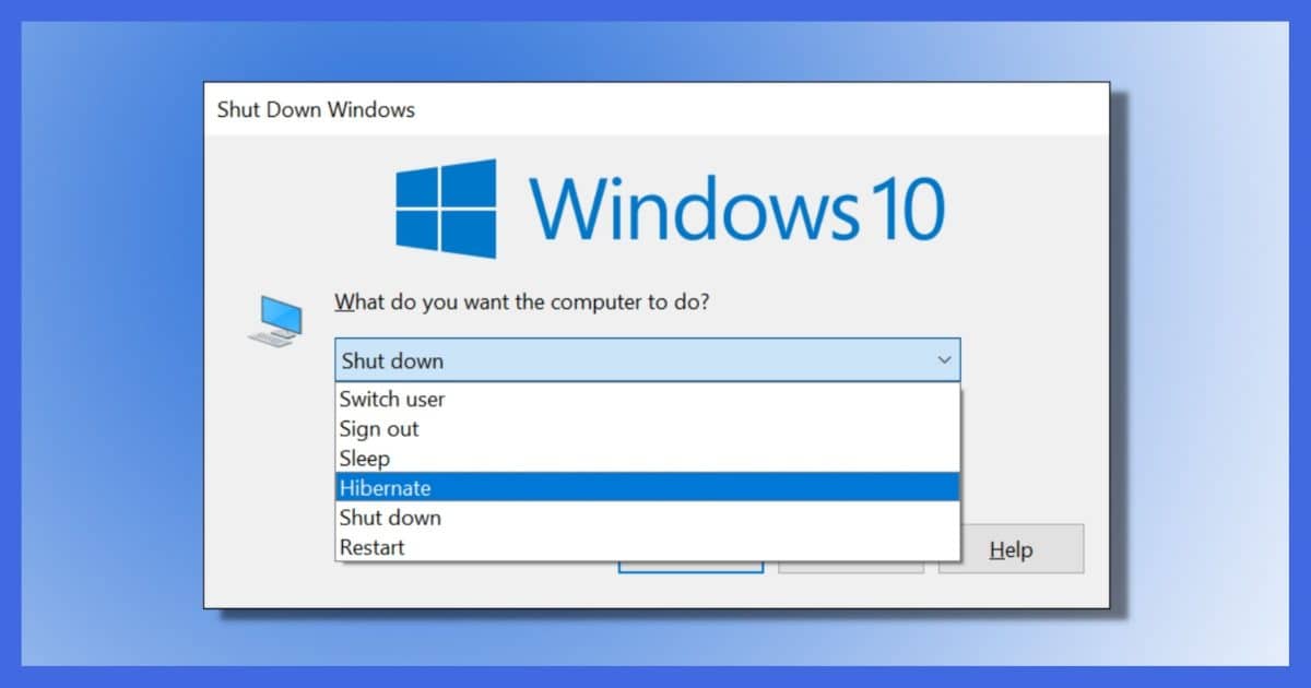 Hibernate option in Windows 10 shutdown menu.