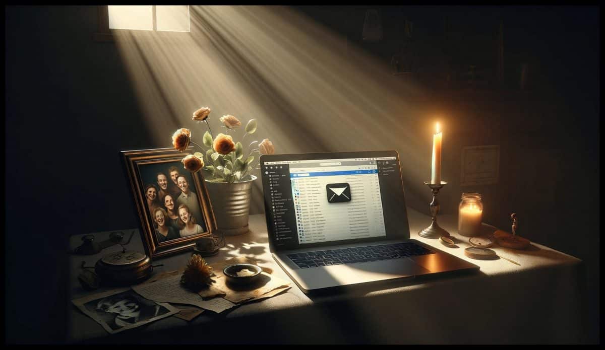 A dimly lit room with an open laptop casting a soft glow on a table. The screen displays an email interface with an unread message icon, subtly hinting at communication from beyond. Around the laptop, personal items like a framed photo of a smiling group of friends, a wilted flower, and a candle casting long shadows, create a poignant atmosphere of loss and the unsettling feeling of receiving a message from someone who has passed away. The overall mood is one of contemplation and sorrow.