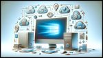 A conceptual image on a light background, in a wide 16:9 format, depicting the process of transferring data during a clean Windows installation. The left side shows a computer with a new, glowing Windows installation. On the right, various data transfer methods are displayed: an external hard drive, cloud service icons (OneDrive, Dropbox, Google Drive), and an image of a backup disk. These elements are linked with stylized arrows or lines, indicating the transfer of data and applications to the new Windows system. The style is modern and digital with a focus on clarity, simplicity, and the seamless transition of data, all set against a light, clean background.