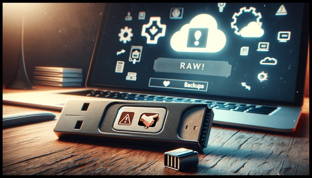 Thumbnail featuring a distressed-looking USB flash drive with an error message on a computer screen saying 'RAW'. The background includes faint symbols of a hard drive, a cloud, and a backup symbol, emphasizing the lesson on the necessity of backups and the risks of relying on a single storage device. The image conveys the urgency and importance of data recovery and backup, suitable for a video about recovering data from a failed flash drive and the importance of regular backups.
