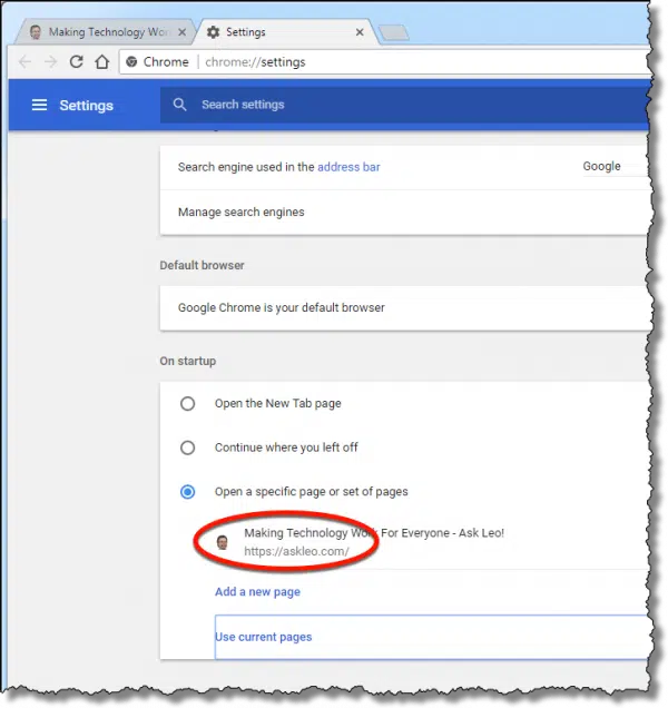 Chrome start page setting