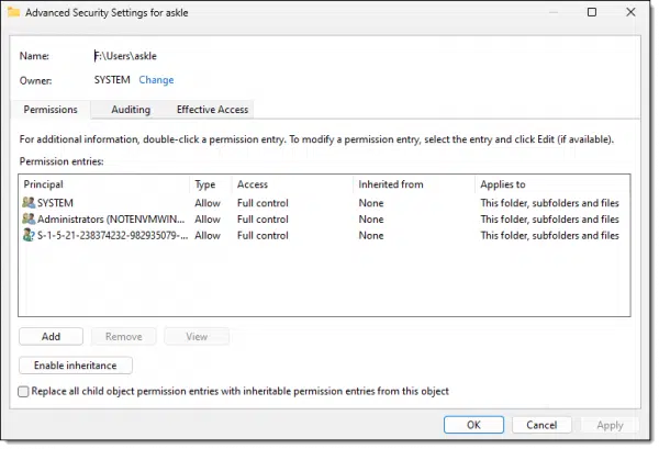 Advanced Security dialog.