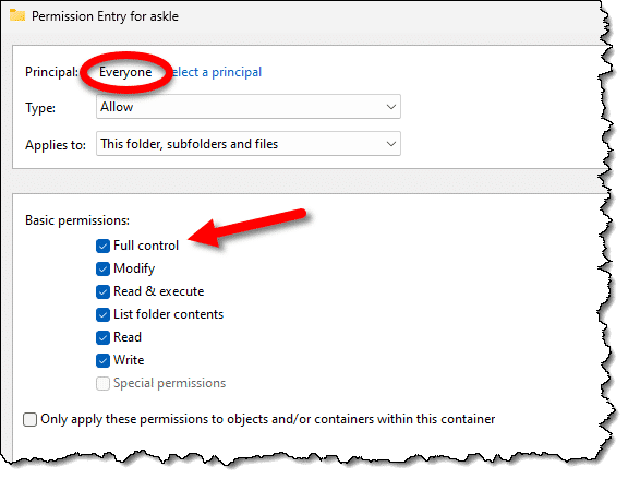 Permissions Entry dialog, with Full selected.