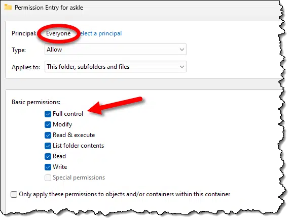 Permissions Entry dialog, with Full selected.