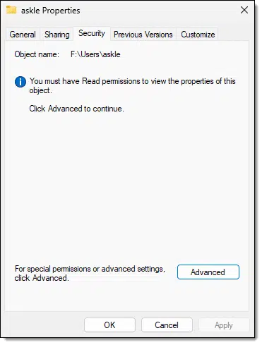 Folder properties, needing read access.