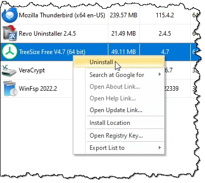 Revo Uninstaller options on Treesize Free