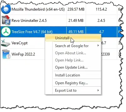Revo Uninstaller options on Treesize Free