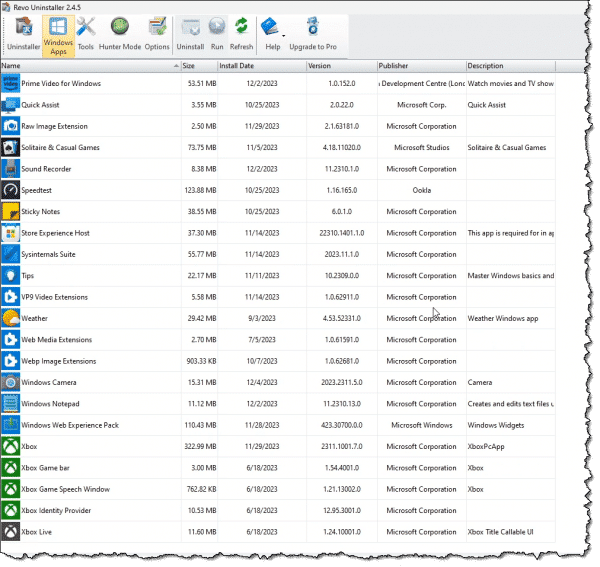 Revo Uninstaller on Windows built-in apps.