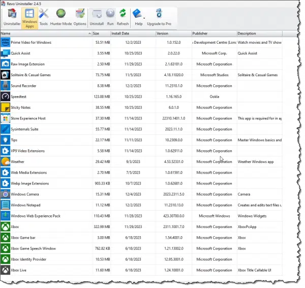 Revo Uninstaller on Windows built-in apps.