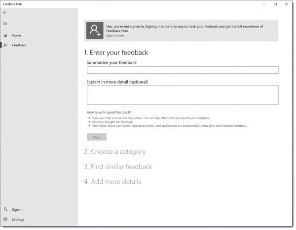 Feedback form in Feedback Hub