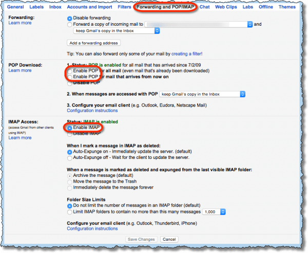 Gmail POP3 and IMAP settings