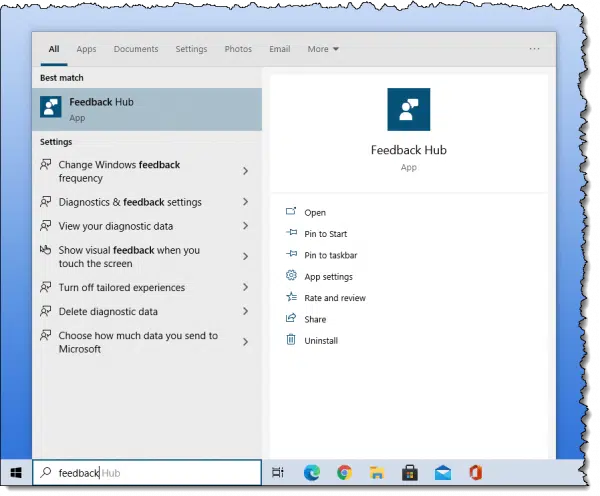 Feedback Hub in the Windows Start menu search