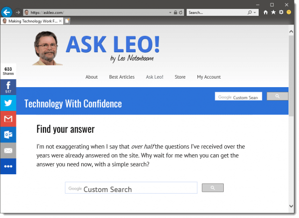 Default Internet Explorer showing Ask Leo!