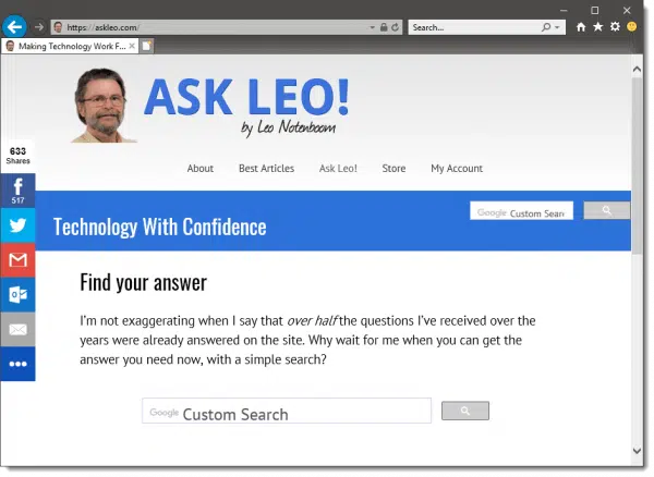 Default Internet Explorer showing Ask Leo!