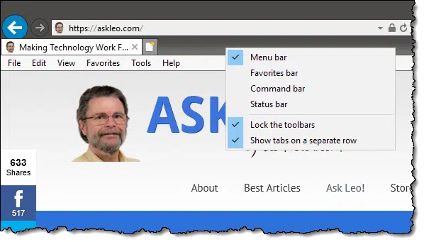 The toolbar menu pop-up with the Menu bar checked.