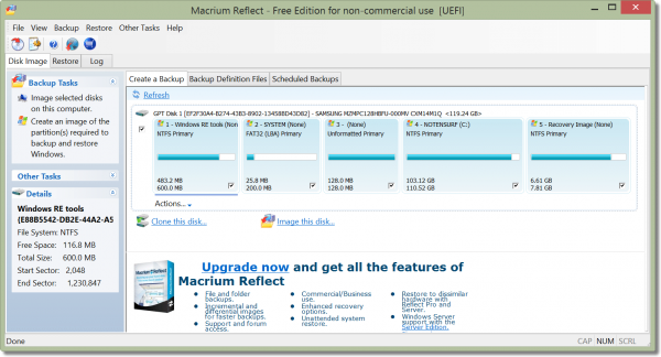 Macrium Reflect Main Screen