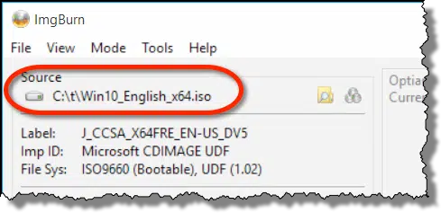 ImgBurn file selected