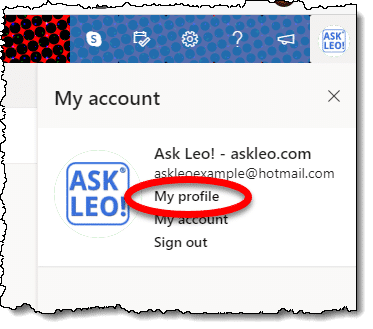 My profile link in Outlook.com