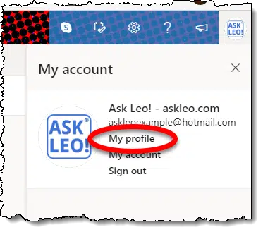 My profile link in Outlook.com