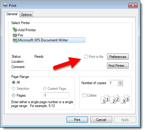 Print to file option in a print dialog