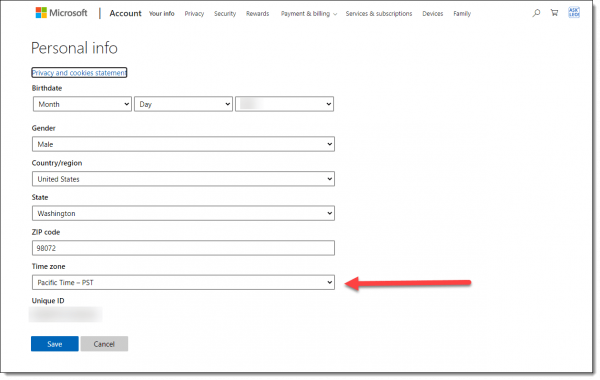 Microsoft account time zone setting